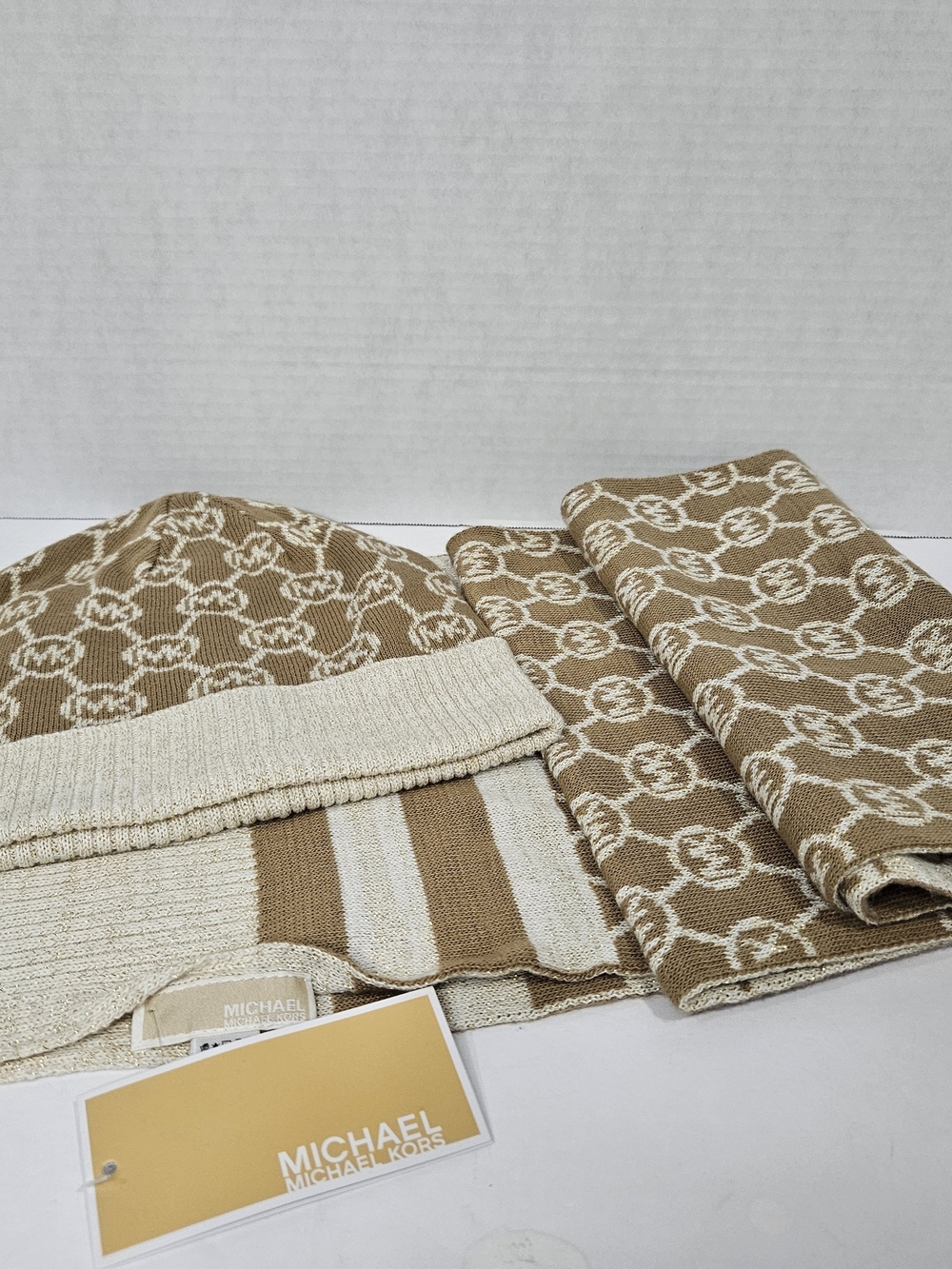 Michael Kors Tan & Cream MK Logo Knit Scarf and Beanie Set